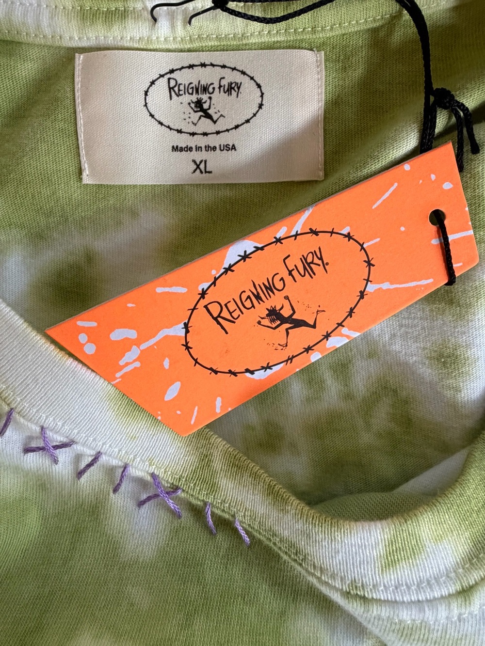 NWT! Reigning Fury Tie Dye Long Sleeve Tee USA Made Green Cream Size XL - Picture 7 of 8